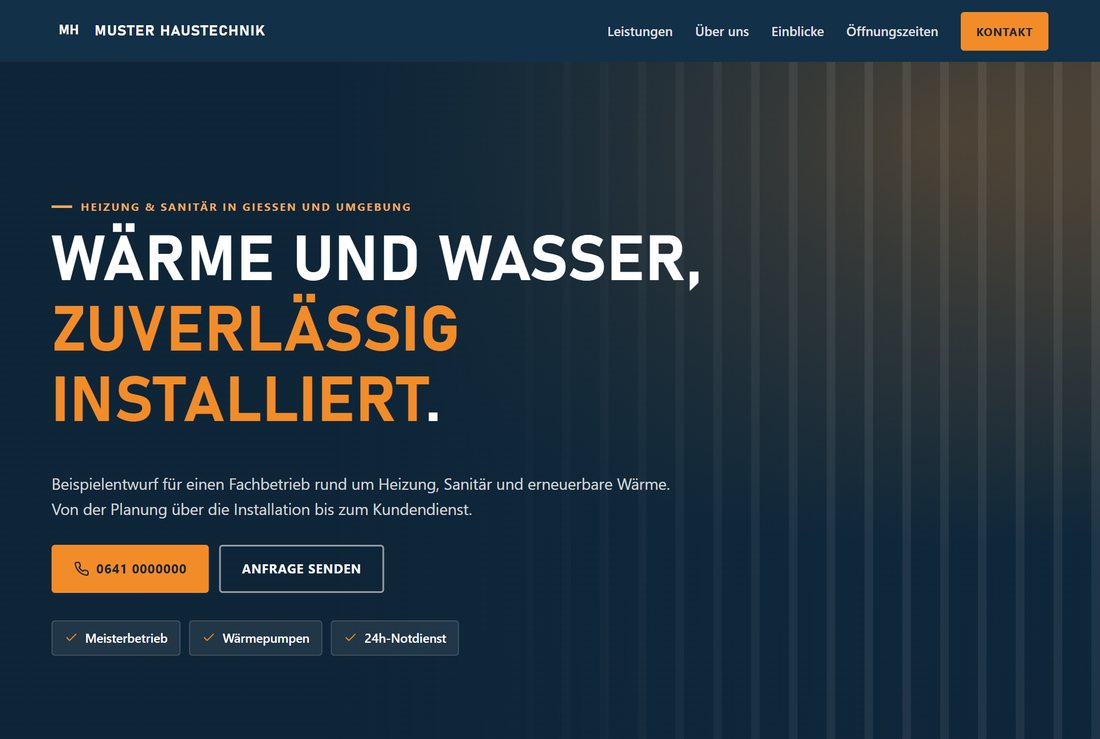 Entwurf für einen Heizungs- und Sanitärbetrieb: dunkler Header und vollflächiges Startbild